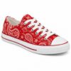 Single women's red paisley low-top canvas sneaker on a white background