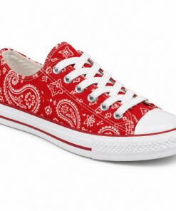 Single women's red paisley low-top canvas sneaker on a white background