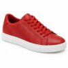 Single women's red smooth vegan leather low-top sneaker on a white background