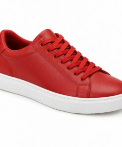 Single women's red smooth vegan leather low-top sneaker on a white background