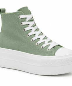 Single women's sage green high-top platform canvas sneaker on a white background