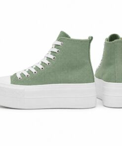 Pair of women's sage green high-top platform canvas sneakers standing, side profile and back heel view