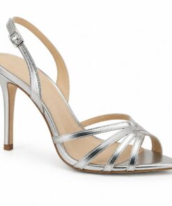 Single women's metallic silver slingback cage sandal with 3 inch stiletto heel on a white background