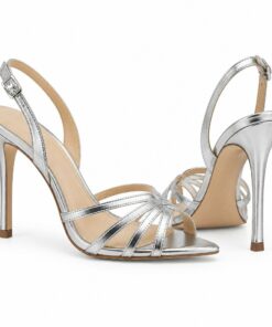 Pair of women's metallic silver slingback cage sandals with 3 inch stiletto heel standing, side profile and back heel view