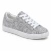 Single women's silver glitter low-top sneaker on a white background