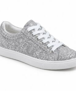 Single women's silver glitter low-top sneaker on a white background