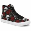 Single women's black skull and rose print high-top canvas sneaker on a white background