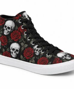 Single women's black skull and rose print high-top canvas sneaker on a white background