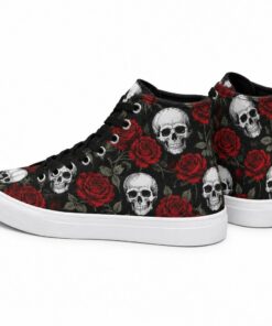 Pair of women's black skull and rose print high-top canvas sneakers standing, side profile and back heel view