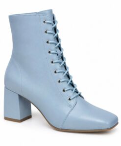Single women's sky blue vegan leather lace-up ankle boot with block heel on a white background