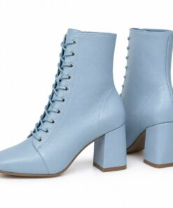 Pair of women's sky blue vegan leather lace-up ankle boots with block heel standing, side profile and back heel view