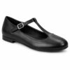 Single women's black vegan leather T-strap Mary Jane flat on a white background