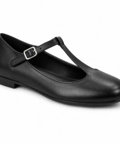 Single women's black vegan leather T-strap Mary Jane flat on a white background