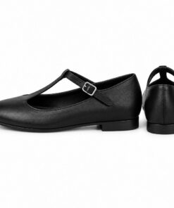 Pair of women's black vegan leather T-strap Mary Jane flats standing, side profile and back heel view