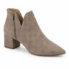 Single women's taupe suede-look V-cut ankle bootie with low block heel on a white background