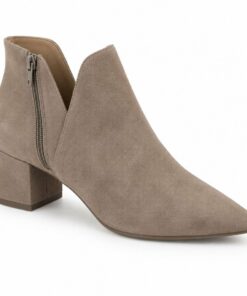 Single women's taupe suede-look V-cut ankle bootie with low block heel on a white background