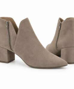 Pair of women's taupe suede-look V-cut ankle booties with low block heel standing, side profile and back heel view