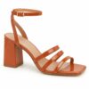 Single women's terracotta patent strappy sandal with 2.5 inch block heel on a white background