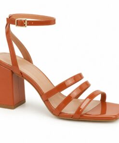 Single women's terracotta patent strappy sandal with 2.5 inch block heel on a white background