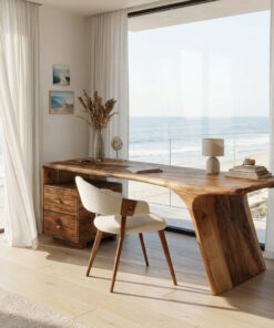 Solid Wood Desk with Drawers and Curved Sculptural Base