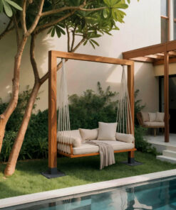 Solid Wood Freestanding Outdoor Daybed Swing with Rope Suspension