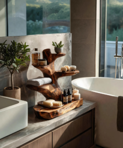 Modern Organic Solid Wood Countertop Bathroom Shelf with Tiers