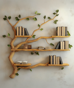 Wall-Mounted Tree Branch Bookcase with Floating Wood Shelves