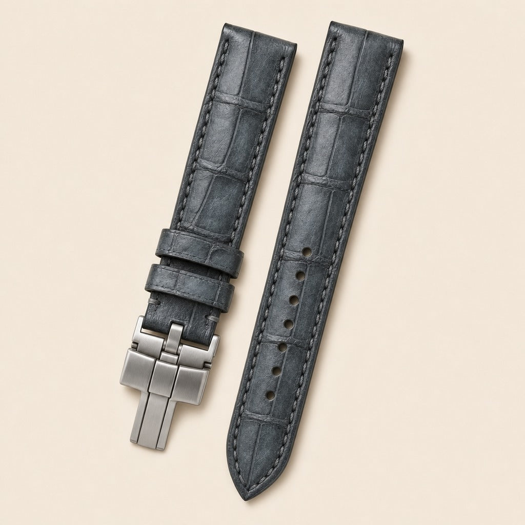 Alligator Leather Watch Strap in Waxy Black · Butterfly Clasp · Handmade in Saigon