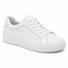 Single women's white perforated vegan leather low-top sneaker on a white background