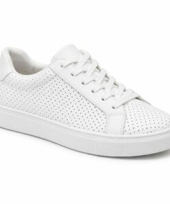 Single women's white perforated vegan leather low-top sneaker on a white background