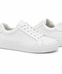 Pair of women's white perforated vegan leather low-top sneakers standing, side profile and back heel view