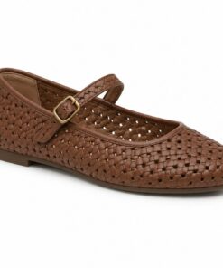 Single women's brown woven vegan leather Mary Jane flat on a white background