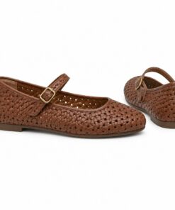 Pair of women's brown woven vegan leather Mary Jane flats standing, side profile and back heel view
